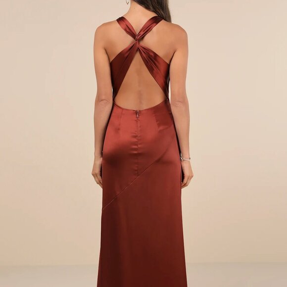 Lulus Purely Elegant Rust Brown Satin Twist-back Maxi Dress - Size M - Picture 2 of 2